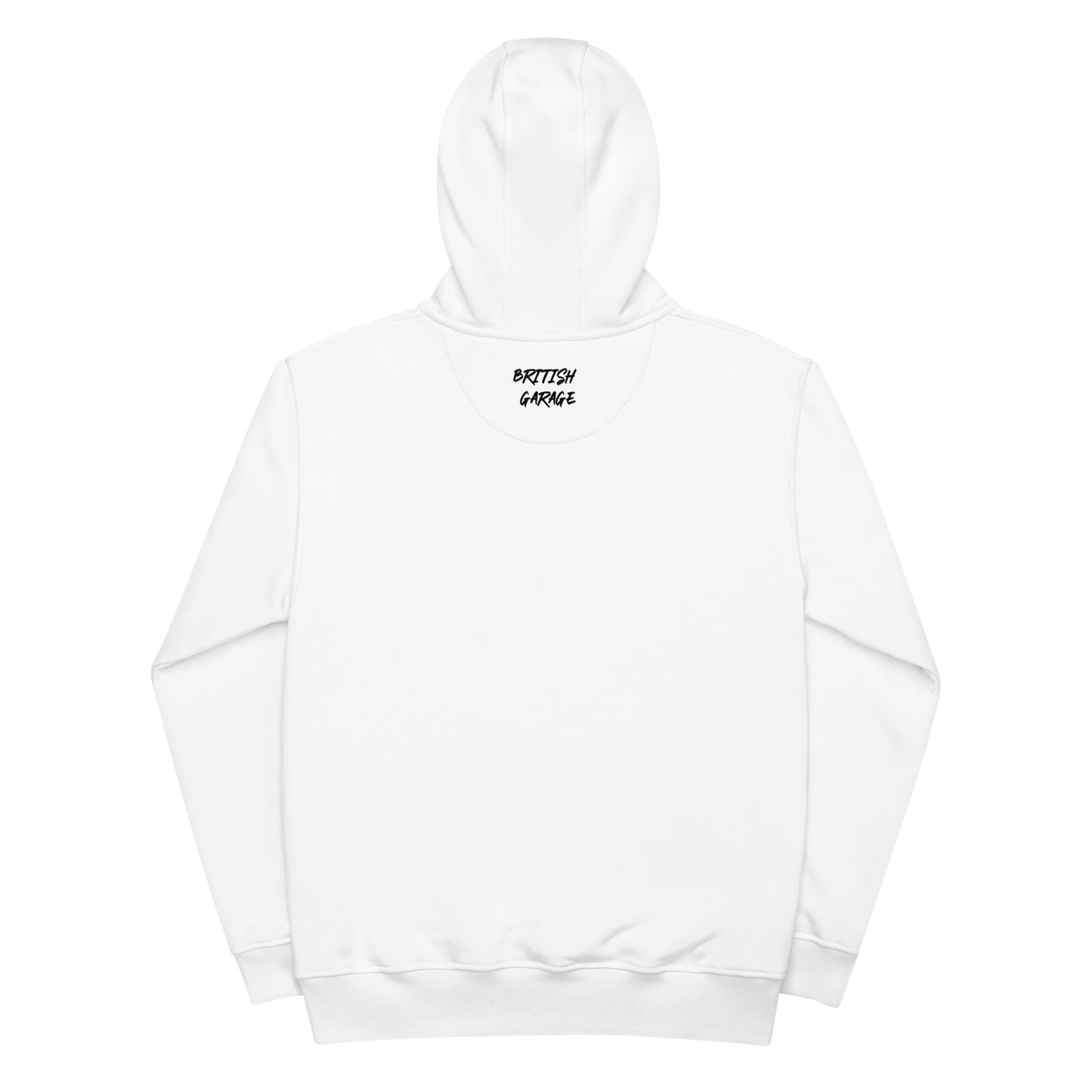 Hochwertiger Bio Kapuzenpullover British Garage Logo