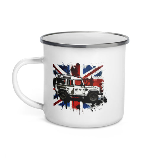 British Garage enamel mug with 110 Defender print