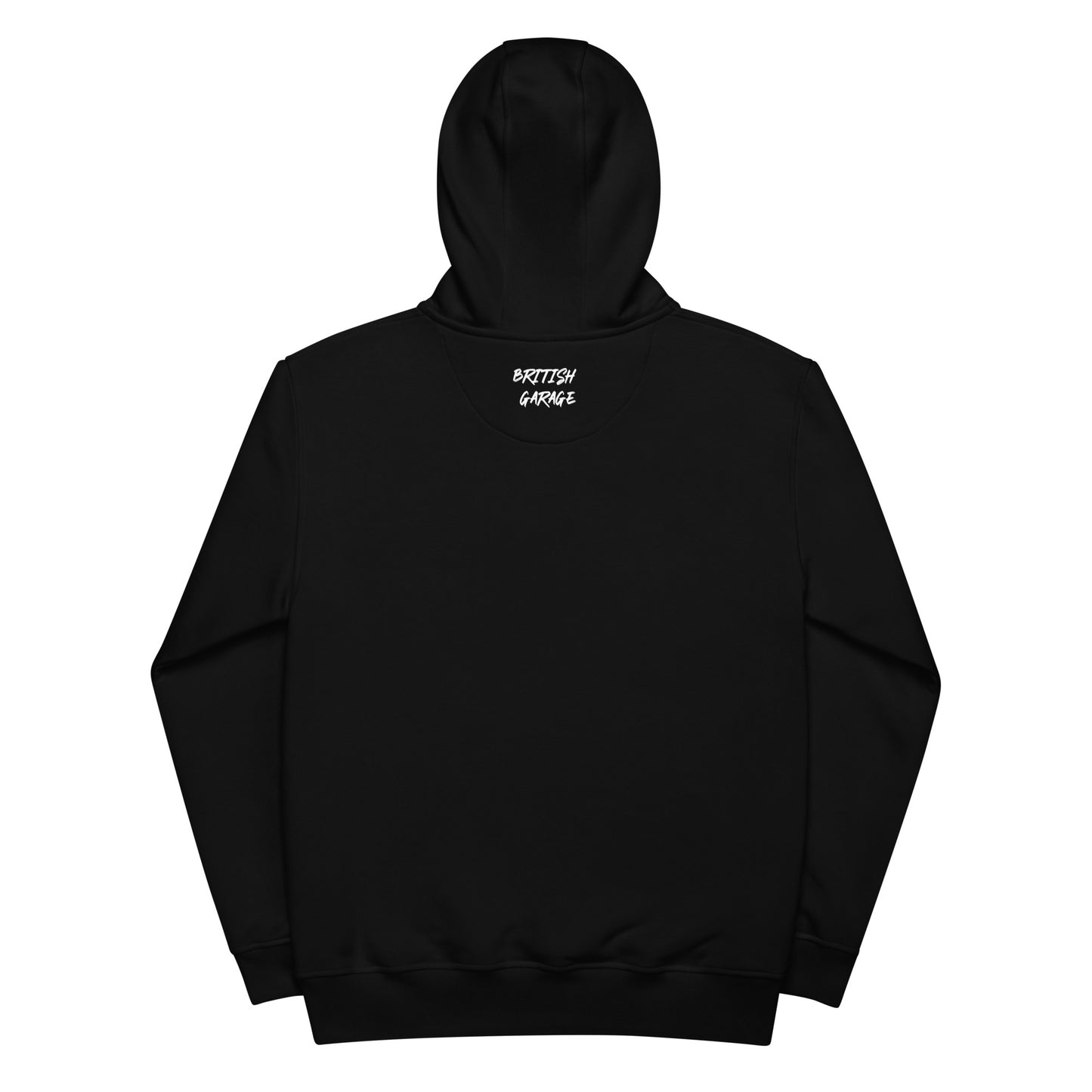 Hochwertiger Bio Kapuzenpullover British Garage Logo