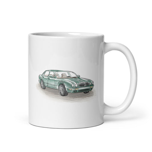 British Garage mug with Jaguar XJ8 / X308 print